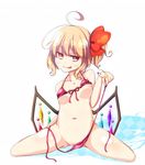  :d ahoge bikini blonde_hair bow breasts earlgrey flandre_scarlet hair_bow highres medium_breasts naughty_face navel nipples open_mouth red_bikini red_eyes short_hair side_ponytail smile solo string_bikini swimsuit touhou undone untied untied_bikini wings 