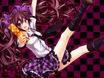  aiming_at_viewer arm_up blouse blush brown_hair cellphone cellphone_camera checkered checkered_background fingernails geta hat himekaidou_hatate hiru0130 kneehighs leaning_back legs_up long_hair looking_at_viewer necktie open_mouth outline phone plaid plaid_skirt red_eyes short_sleeves skirt solo tengu-geta tokin_hat touhou twintails very_long_hair 