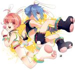  ahoge androgynous animal_ears ass blue_eyes blue_hair bunny_ears bunny_tail bunnyboy full_body male_focus midriff multiple_boys nikke_(tk2012) open_mouth original paw_shoes pink_eyes pink_hair shoes shorts skin_tight skinny smile tail 