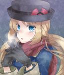  black_gloves blonde_hair blue_eyes breath coat gloves hat interlocked_fingers irouha long_hair looking_at_viewer pokemon pokemon_(game) pokemon_xy porkpie_hat scarf serena_(pokemon) snowing solo winter_clothes winter_coat 