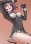  breasts charimei gloves highres kantai_collection medium_breasts purple_eyes purple_hair red_background short_hair simple_background solo tatsuta_(kantai_collection) thighs 