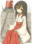  black_hair blush border brown_eyes hakama japanese_clothes kimono long_hair looking_at_viewer miko original red_hakama ribbon ribbon-trimmed_sleeves ribbon_trim senhappyaku sitting sitting_on_stairs solo stairs 