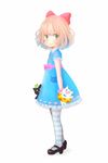  1girl blonde_hair bow child dress green_eyes hair_bow looking_at_viewer mari_(marixrian) mari_(milkuro) mary_janes profile shoes short_hair simple_background smile solo striped striped_legwear stuffed_toy toy white_background 