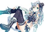  animal_ears asuku_(69-1-31) boots gray_hair green_eyes hat long_hair navel original shito_(ash_shito) skirt tail thighhighs tie 