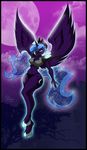  anthro anthrofied armor blue_eyes blue_hair breasts castle cleavage clothed clothing cloud clouds crown cutie_mark equine female flying friendship_is_magic hair horn horse mammal mastergodai moon my_little_pony navel night nightmare_moon_(mlp) panties pony sky solo sparkles tree underwear wall winged_unicorn wings 