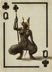  &#9827; anthro black_fur blonde_hair blue_eyes breasts canine card clitoris club crouching ear_piercing female front fur hair holding hyenafur jackal mammal mickey_the_retriever necklace nipples nude piercing playing_card polearm pussy queen_of_clubs solo spread_legs spreading staff tameri_(character) weapon 