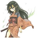  black_hair blood blood_on_face brown_eyes fire green_fire hair_between_eyes japanese_clothes katana kimono long_hair looking_at_viewer obi original patches sash senhappyaku simple_background solo sword torn_clothes weapon white_background 