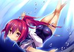 ass blush bubble diving hair_ornament hair_ribbon i-168_(kantai_collection) k_liss_s kantai_collection long_hair one-piece_swimsuit ponytail red_eyes red_hair ribbon school_swimsuit school_uniform serafuku solo swimsuit swimsuit_under_clothes underwater 
