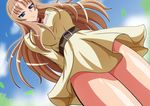  aokura_shou aquila_yuna breasts brown_hair casual dress from_below highres jewelry large_breasts leaf long_hair necklace purple_eyes saint_seiya saint_seiya_omega solo 