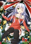 2013 ;d bare_shoulders blush christmas christmas_ornaments christmas_tree collarbone dress english frilled_panties frills green_eyes happy highres holding holly knees_together knees_together_feet_apart long_hair merry_christmas mitoko_(tsuchikure) one_eye_closed open_mouth original panties pantyshot pantyshot_(sitting) ribbon shiny shiny_skin silver_hair sitting smile solo sparkle sweater sweater_dress thighhighs tsuchikure underwear white_panties 