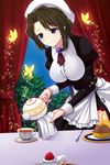  blue_eyes brown_hair bug butterfly cake cup curtains food fork fruit hat highres insect juliet_sleeves long_sleeves maid pouring puffy_sleeves shannon smile sparkle strawberry tea teacup teapot umineko_no_naku_koro_ni uzu_hi 