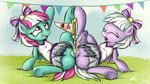  absurd_res bow cheerleader duo equine eyes_closed female feral fizzy_pop_(mlp) flag friendship_is_magic hair hi_res horse lesbian lilac_sky_(mlp) mammal my_little_pony neko-me open_mouth outside pegasus pony pussy pussy_juice spread_legs spreading two_tone_hair wings 