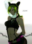  bdsm birthmark black_hair bondage bound braid chain chained copyright_name double_bun gradient gradient_background green_eyes green_hair green_lipstick half_updo heart highres joestar_birthmark jojo_no_kimyou_na_bouken kuujou_jolyne lipstick long_hair looking_at_viewer makeup midriff mikura_(miraclemicro) multicolored_hair navel pants ponytail shirt smile solo stand_(jojo) stone_free stone_ocean tattoo two-tone_hair white_background 