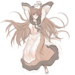  animal_ears arms_up brooch highres imaizumi_kagerou jewelry kuro_suto_sukii long_hair long_sleeves shirt simple_background sketch skirt solo tail touhou very_long_hair white_background wide_sleeves wolf_ears wolf_tail 