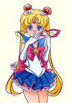  back_bow bishoujo_senshi_sailor_moon blonde_hair blue_eyes blue_sailor_collar blue_skirt bow brooch cnove double_bun earrings elbow_gloves gloves hair_ornament hairpin highres jewelry long_hair magical_girl mask pleated_skirt red_bow ribbon sailor_collar sailor_moon sailor_senshi_uniform skirt smile solo tiara tsukino_usagi twintails white_background white_gloves 