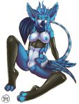  anthro avian beak blue_beak blue_eyes blue_hair blue_nipples breasts clitoris female gryphon hair legwear long_hair maxxmissions nipples nude pinup plain_background pose pussy sitting solo spread_legs spreading toeless_socks white_background 