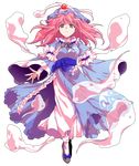  alphes_(style) angry arm_ribbon blue_dress dairi dress full_body ghost hat highres layered_dress long_sleeves looking_at_viewer parody pink_eyes pink_hair ribbon saigyouji_yuyuko sash solo style_parody touhou transparent_background triangular_headpiece white_dress wide_sleeves 