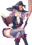  :o black_cat black_gloves blue_eyes book boots breasts broom brown_hair cat cleavage crossed_legs glasses gloves hat highres large_breasts legs midriff nishimura_eri original striped striped_legwear thighhighs twintails vertical-striped_legwear vertical_stripes witch_hat 