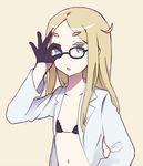  adjusting_eyewear akku_lude black_bra black_gloves blonde_hair blue_eyes bra glasses gloves labcoat long_hair natasha_(sekai_seifuku) navel open_clothes open_mouth open_shirt sekai_seifuku:_bouryaku_no_zvezda shirt simple_background solo underwear 