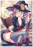  black_cat black_gloves blue_eyes book boots breasts broom brown_hair cat chair cleavage glasses gloves hat large_breasts legs nishimura_eri original shelf striped striped_legwear thighhighs twintails vertical-striped_legwear vertical_stripes vial window witch_hat 