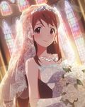  artist_request bare_shoulders blush bouquet bridal_veil bride brown_eyes brown_hair church dress earrings elbow_gloves flower gloves hairband heart idolmaster idolmaster_million_live! jewelry long_hair looking_at_viewer official_art smile solo tanaka_kotoha veil wedding_dress 