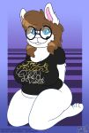  belly big_breasts big_thighs blue_eyes bottomless breasts brown_hair cleavage clothed clothing female fur hair hi_res huge_breasts kneeling lagomorph mammal nichole_(nitefang) nitefang overweight paws rabbit round_glasses shirt solo t-shirt thick_thighs white_fur wide_hips 
