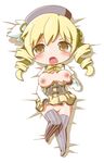  1girl bed blonde_hair blush breast_grab breasts chibi drill_hair gerotan grabbing hair_ornament hat long_hair lying mahou_shoujo_madoka_magica nipples on_back open_clothes open_mouth pussy skirt skirt_lift solo tears thighhighs tomoe_mami twin_drills uncensored yellow_eyes 