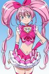  blue_background blue_eyes bow brooch choker cure_melody eyelashes frilled_skirt frills gradient gradient_background hand_on_hip heart houjou_hibiki jewelry long_hair looking_at_viewer magical_girl manji_(tenketsu) midriff navel pink_bow pink_choker pink_hair precure skirt smile solo suite_precure thighhighs twintails 
