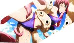  1girl animal bikini blue_bikini blush bra breasts cameltoe clenched_teeth crotch highres large_breasts maken-ki! navel octopus outdoors panties purple_eyes red_hair screencap shinatsu_azuki short_hair solo spread_legs swimsuit teeth tentacle underwear wet wince 