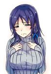  blue_eyes blue_hair blush breasts hands_on_own_chest hiradaira_chisaki large_breasts long_hair looking_at_viewer lowres nagi_no_asukara ribbed_sweater side_ponytail solo sweater touryou turtleneck 