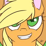  absurd_res applejack_(mlp) blonde_hair equine female friendship_is_magic green_eyes grin hair hi_res horse mammal my_little_pony portrait signature solo thezealotnightmare 