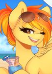  beach brown_eyes cloud drink equine eyewear female friendship_is_magic glasses hair horse liquid mammal my_little_pony one_eye_closed orange_hair outside pegasus pony portrait sand sea seaside sky smile solo spitfire_(mlp) spittfire straw sunglasses two_tone_hair umbrella water wings wink wonderbolts_(mlp) 