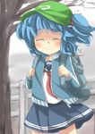  alternate_costume backpack bag blue_hair blush commentary_request gaoo_(frpjx283) hair_bobbles hair_ornament hat highres jacket kawashiro_nitori necktie road school_uniform serafuku short_hair skirt smile solo touhou tree two_side_up wrench 