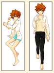  2boys barefoot boxers child dakimakura feet katekyo_hitman_reborn! lying male male_focus multiple_boys navel pants red_eyes red_hair sawada_tsunayoshi shirt simple_background t-riku toes underwear 