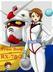  1boy 1girl amuro_ray brown_eyes brown_hair frau_bow gundam haro mecha military military_uniform mobile_suit_gundam pilot_suit role_reversal rx-78-2 uniform 