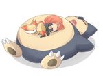  character_request chibi claws closed_eyes fangs fennekin gen_1_pokemon gen_6_pokemon long_hair orange_hair pokemon pokemon_(creature) ponytail shotlancer sleeping sleeping_on_person snorlax tail 