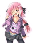  ;d astolfo_(fate) black_legwear braid fang fate/apocrypha fate_(series) hair_ribbon hood hooded_jacket jacket kujira_jio long_hair male_focus midriff miniskirt navel one_eye_closed open_mouth otoko_no_ko pantyhose pink_eyes pink_hair pleated_skirt ribbon shirt single_braid skirt smile striped striped_shirt 