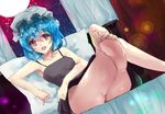  ass bad_id bad_pixiv_id bare_arms bare_legs bare_shoulders barefoot black_dress blue_hair collarbone crossed_legs curtains dress dutch_angle full_moon hat indoors light_particles looking_at_viewer mob_cap moon no_panties open_mouth pillow pink_eyes remilia_scarlet rinaka_moruchi short_hair sitting sketch sleeveless sleeveless_dress smile solo touhou upskirt window 