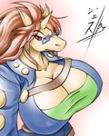  anthro big_breasts breasts clothing day-t equine eyebrows eyelashes eyewear female glasses hair horn horse looking_at_viewer mammal nintendo plain_background pok&#233;mon pok&eacute;mon rapidash red_eyes red_hair solo video_games yellow_body 