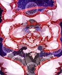  dress frills hat hat_ribbon highres looking_at_viewer mouth_hold nagae_iku purple_hair red_eyes ribbon sawaki shawl solo touhou 