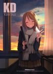  ^_^ blush brown_hair closed_eyes coat curtains houjou_karen idolmaster idolmaster_cinderella_girls long_hair pantyhose pleated_skirt scarf skirt smile solo sunset v window yuki_usagi_(mofurafu) 