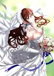  absurdres alicia_melchiott bare_shoulders bouquet breasts brown_eyes brown_hair cherry_blossoms choker cleavage dress earrings elbow_gloves flower from_above gloves highres honjou_raita jewelry large_breasts long_hair necklace petals senjou_no_valkyria senjou_no_valkyria_1 smile solo veil wedding_dress white_dress white_gloves 