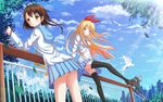  bird black_legwear blonde_hair blue_eyes bow brown_eyes brown_hair cat hair_bow highres kazenokaze key kirisaki_chitoge long_hair multiple_girls nichijou nisekoi onodera_kosaki pigeon railing sakamoto_(nichijou) school_uniform serafuku short_hair skirt thighhighs very_long_hair zettai_ryouiki 