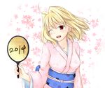  2014 ;d ahoge alternate_costume arcueid_brunestud blonde_hair centon_(736023681) cherry_blossoms fan floral_background highres japanese_clothes kimono melty_blood obi one_eye_closed open_mouth paper_fan red_eyes sash short_hair smile solo star star_print tsukihime uchiwa 