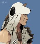  arrow assassin's_creed_(series) assassin's_creed_iii blue_background bow_(weapon) connor_kenway crossover expressionless from_side hood male_focus native_american peanuts quiver shitara_(kaimetsu_joutai) sleeveless snoopy solo upper_body weapon 