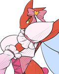  big_breasts blush bow breasts clothing day-t female hair_bow looking_at_viewer nintendo plain_background pok&#233;mon pok&#233;morph pok&eacute;mon red_body scizor solo video_games white_background wings yellow_eyes 