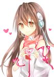  blush brown_eyes brown_hair detached_sleeves headphones heart heart_hands kokone_(vocaloid) long_hair mismatched_sleeves oishiipuddii scarf smile solo vocaloid 
