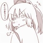  amazon_(taitaitaira) blush_stickers hand_on_own_head hat japanese_clothes kariginu looking_at_viewer monochrome mononobe_no_futo open_mouth ponytail short_hair simple_background solo speech_bubble tate_eboshi touhou translated turning_head white_background 