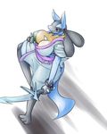  big_breasts blue_fur blush bracelet breasts canine clothing day-t eyebrows eyelashes female fur japanese_clothing jewelry kimono lucario mammal nintendo plain_background pok&#233;mon pok&eacute;mon red_eyes solo spikes standing sword teeth video_games weapon white_background 
