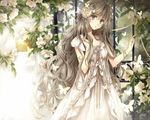  bracelet bug butterfly collarbone dress fence flower grey_eyes grey_hair hagiwara_rin hair_flower hair_ornament highres insect jewelry long_hair looking_at_viewer original solo very_long_hair wavy_hair white_dress 